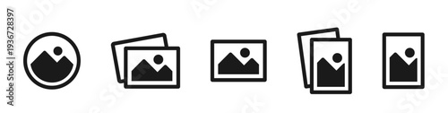 Image placeholder black icon set. Isolated flat blank album photo placeholder symbol on white background. Landscape picture frame concept gallery layout to upload. Vector illustration.