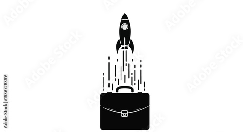 Conceptual vector graphic of a rocket launching from a briefcase, symbolizing business innovation, career progression, and startup success