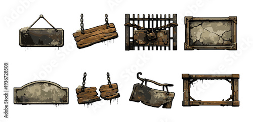 Collection of rustic hanging boards and plaques on muted background