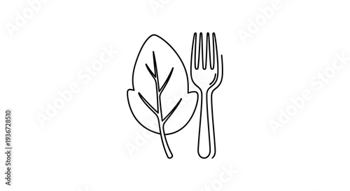 Simple Green Leaf and Fork Icon, Healthy Food Concept, Vegetarian Diet, Natural Nutrition, Isolated White Background