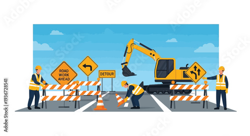 Excavator crew at road construction vector