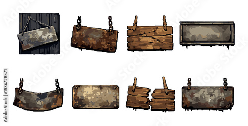 Assorted hanging wooden and metal signs on gradient background