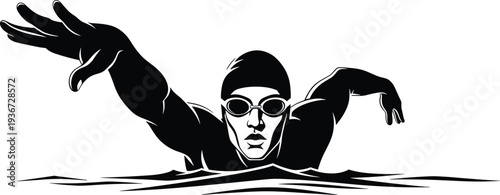 Professional swimmer silhouette, swimming sport athlete, freestyle stroke in water, competitive swimming training, aquatic sport vector illustration design