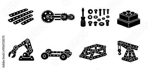 Construction toy parts and small models arranged on dark background