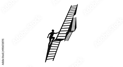 Abstract illustration of a determined person climbing a series of ladders, symbolizing ambition, career progression, and the pursuit of success