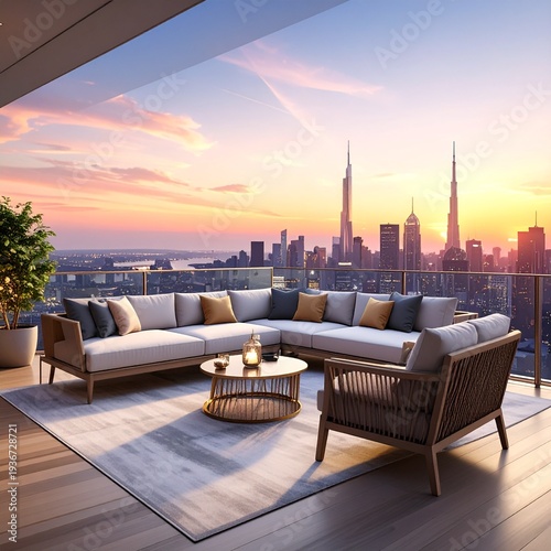 A modern rooftop lounge with city skyline in the background during sunset, stylish atmosphere, travel and lifestyle magazine style