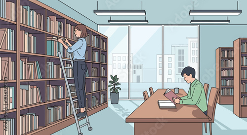 Librarian organizing books on ladder vector