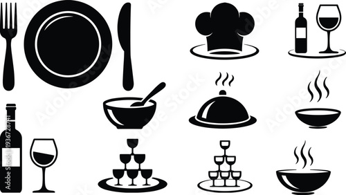 Dining food service icons fork knife plate chef hat wine bottle glass tray bowl steaming dish illustration, restaurant design template