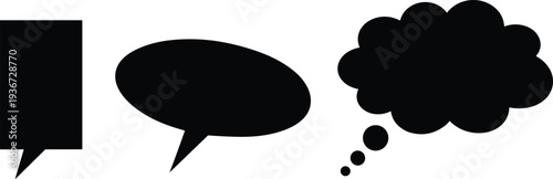 Set of black speech bubble and thought cloud silhouettes in comic book style for communication dialogue conversation and graphic design