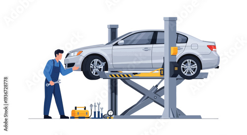 Auto mechanic inspecting car on lift vector