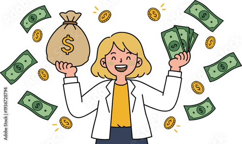 Happy woman holding a bag of money and cash, surrounded by dollar bills and coins, cheerful expression, financial success, investment, savings, 