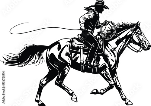 Cowboy riding a horse with lasso rope, cad drawing flat vector illustration of western rodeo rider, american wild west scene