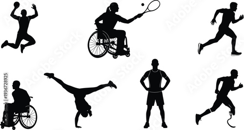 Set of black sports silhouettes featuring para athletes in wheelchairs running with prosthetic limbs volleyball and gymnastics for inclusive athletics