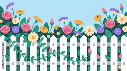 White picket fence adorned with colorful flowers and lush greenery against a soft blue sky evoking a serene atmosphere