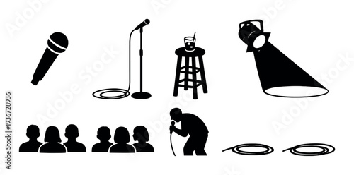 Microphone and stand with stool and spotlight on dark stage