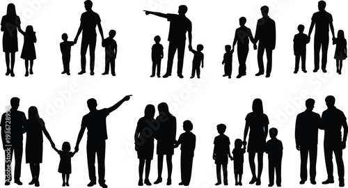Family silhouettes collection with parents children diverse poses holding hands pointing standing together, inclusive relationship concept illustration, social design template