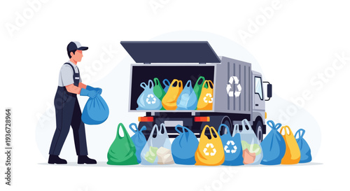 Waste collector loading recycling truck vector
