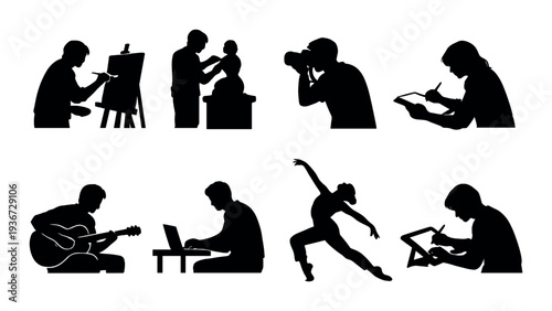 People doing creative activities in grid on dark background