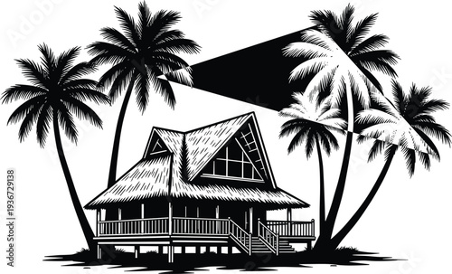 Tropical beach bungalow with palm trees and thatched roof vector illustration in black and white line art for summer vacation