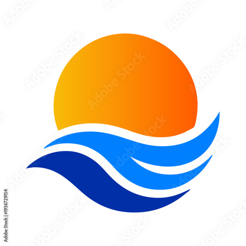 Logo agencia de viajes. Vacaciones de verano. Dibujo sencillo con silueta de un sol con olas de mar