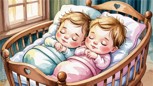 Two adorable babies sleeping peacefully together in a wooden crib with soft lighting and pastel colors in a serene nursery setting