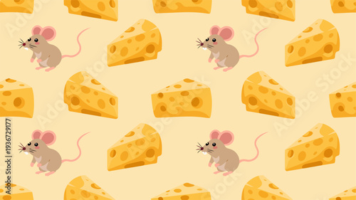 Whimsical seamless pattern of cartoon mice and cheese wedges on pale yellow background playful and cute design for kids or food themed projects