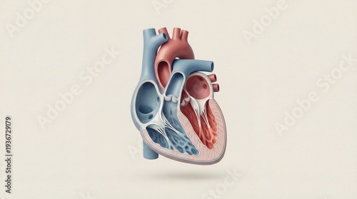 Anatomy Illustration of the Human Heart. This detailed image shows the interior and exterior of the heart