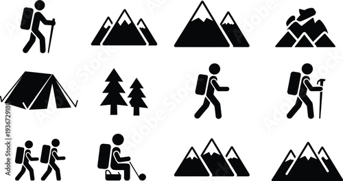 Hiking camping outdoor silhouettes with backpackers tents mountains trees climbing icons, adventure travel illustration, nature exploration design template, recreation concept