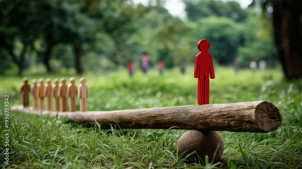 Obraz premium Single red human figure balancing alone on one end of a seesaw against multiple beige figures in a lush grassy field with trees, defocused background, individuality concept, with