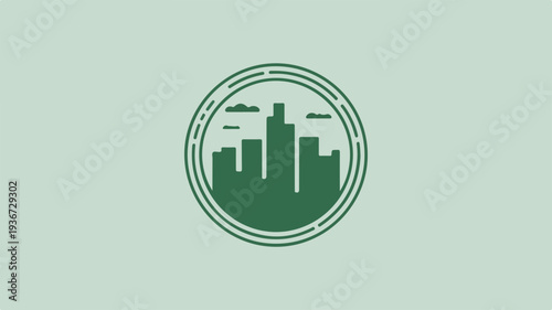Green cityscape logo with skyscrapers and clouds in circular frame on light green background symbolizing urban development and modern architecture
