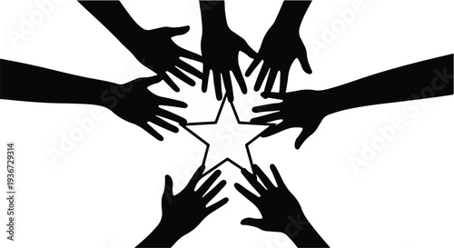 Diverse hands reaching inward towards a central star, symbolizing unity and shared goals, highlighting teamwork and collaboration