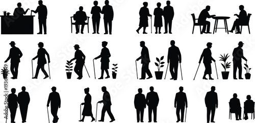 Elderly people silhouettes walking sitting talking gardening companionship caregiving independence social interaction illustration, senior lifestyle design template, aging concept