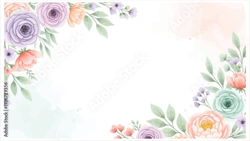 A beautiful watercolor floral arrangement with pastel-colored roses and small purple flowers adorning the corners of a white background, perfect for invitations or greeting cards.