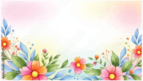 Watercolor floral arrangement with soft pastel background, featuring vibrant orange and pink flowers with blue and green leaves, creating a delicate spring or summer theme.