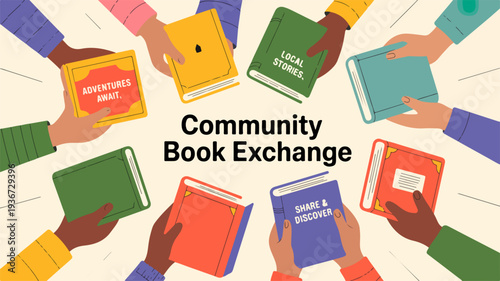 Diverse hands holding colorful books in a circle symbolizing community book exchange and sharing knowledge together in a vibrant collaborative atmosphere