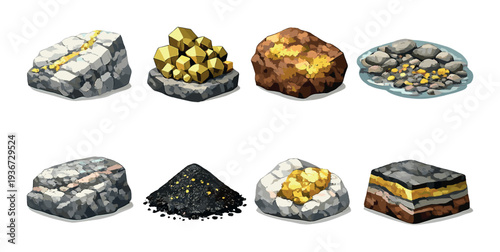 Various ore samples with gold deposits on neutral background