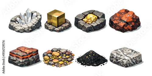 Various mineral specimens and gold artifacts displayed on surface