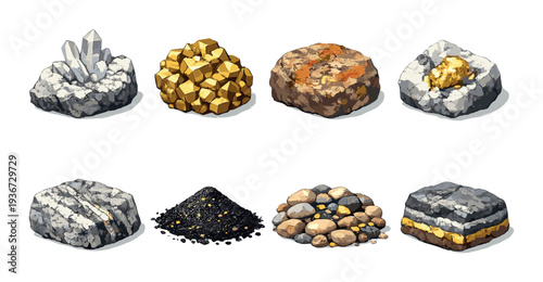 Mineral and ore samples arranged in grid on gray background