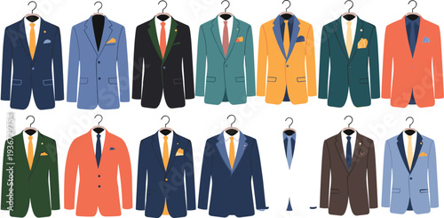 Men’s suits collection on hangers, formal wear jackets shirts ties pocket squares, fashion wardrobe design template, business attire illustration