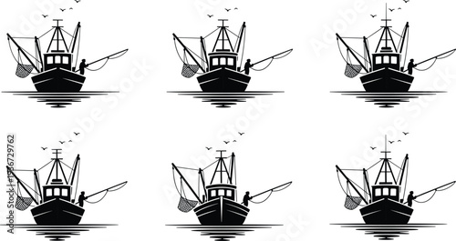 Fishing boat silhouette vector collection with fisherman casting net on sea water reflection and flying birds isolated marine industry illustration set