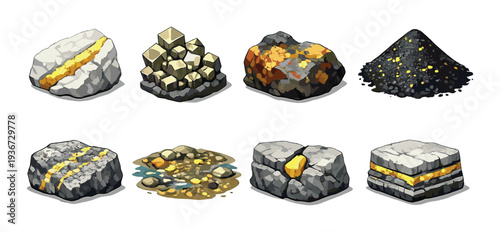 Gold ore and mineral samples displayed on gray gradient background