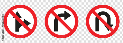 move and turn right left prohibited road sign collection, no forward and left turn allowed, move direction forbidden, red crossed circle vector pictogram
