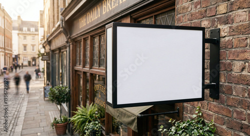 Blank black signboard hanging outside traditional pub  
