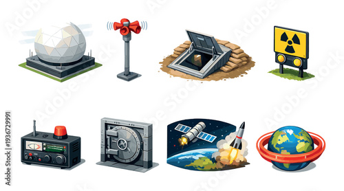 Assorted emergency and space icons arranged on dark backdrop