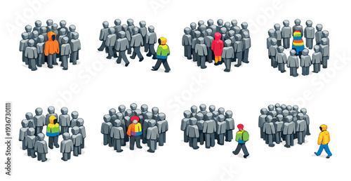 Colored individuals among groups of grey figures on dark background