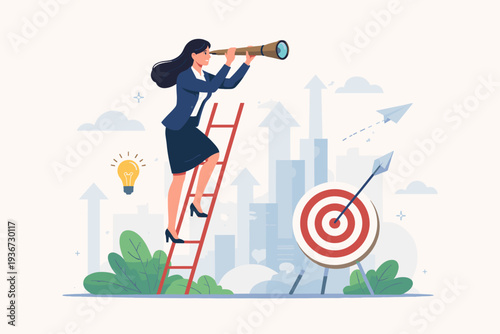 Businesswoman Climbing Ladder Looking Through Telescope for Career Opportunities and Success. Visionary Leader Searching for New Job Goals with Target, Lightbulb Idea, and City Skyline Background.