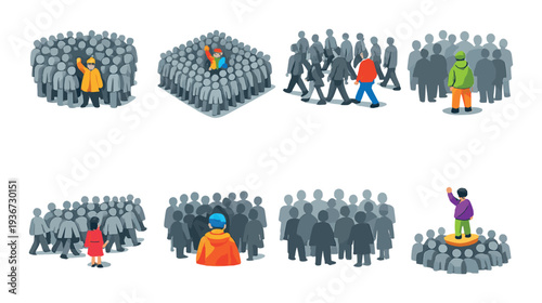 Single highlighted figures standing before groups on dark background