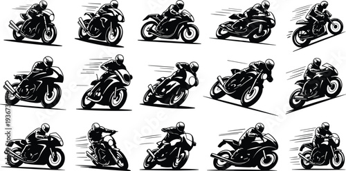 Motorcyclist silhouettes riding sport bikes cruisers racing motorcycles dynamic motion illustration, speed movement design template, biker graphic concept collection