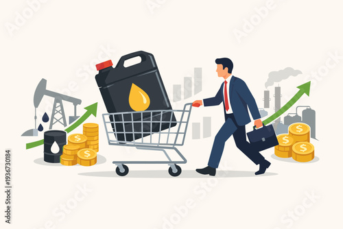 Businessman Pushing Shopping Cart with Large Oil Canister Representing Crude Oil Investment, Stock Market Trading for Profit, Energy Sector Growth, Global Fuel Industry and Economic Development.