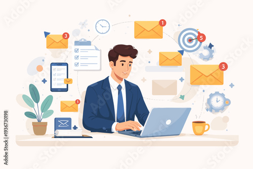 Businessman Managing Multiple Emails and Tasks on Laptop, Productive Workflow with Email Notifications, Checklist, and Time Management Icons, Efficient Business Communication Concept Illustration